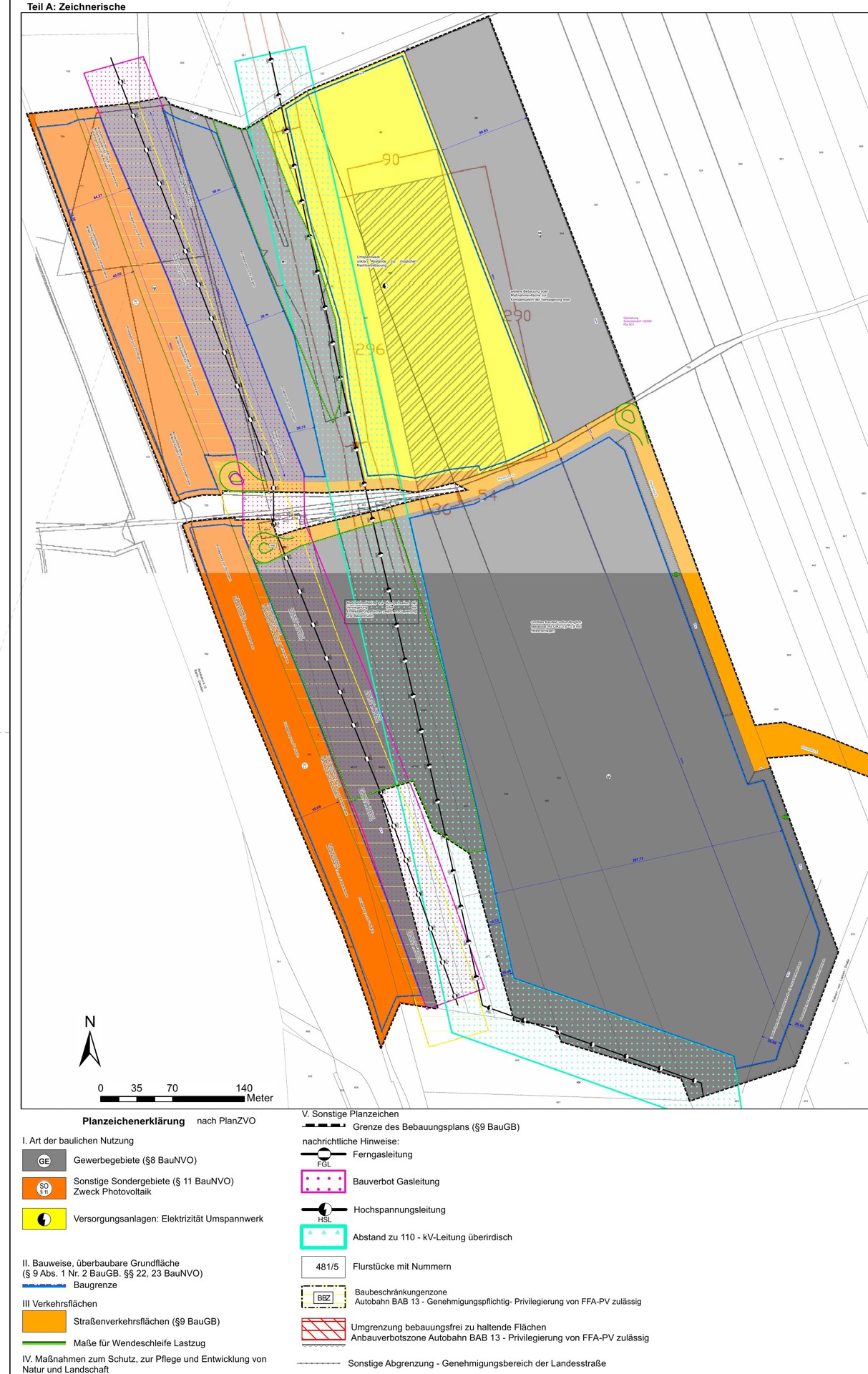 Originale Planzeichnung des Bebauungsplanentwurfs „Gewerbe-Versorgungsstandort 9B bei Schenkendorf“ – Zeichnerische Darstellung mit Planzeichen
